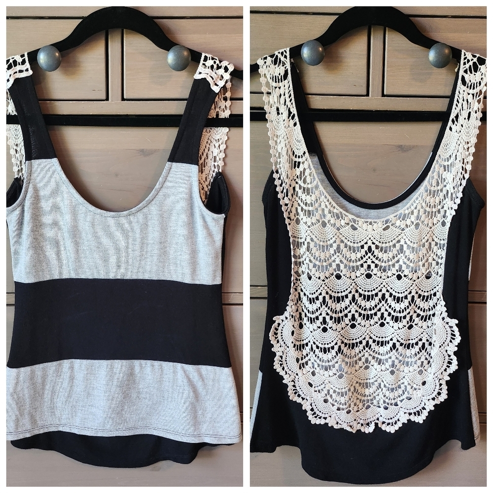 Black and Gray Striped Tank With A  Lace Crochet Back